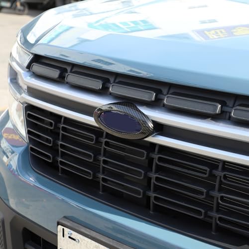 Image of Rear and Front Emblems Trim Ring Cover Compatible with Ford Maverick 2022-2025, Car Front and Rear Logo Circles Cover, Front Hood Rear Trunk Emblem Logo Decorative Accessories (Carbon Fiber Pattern)