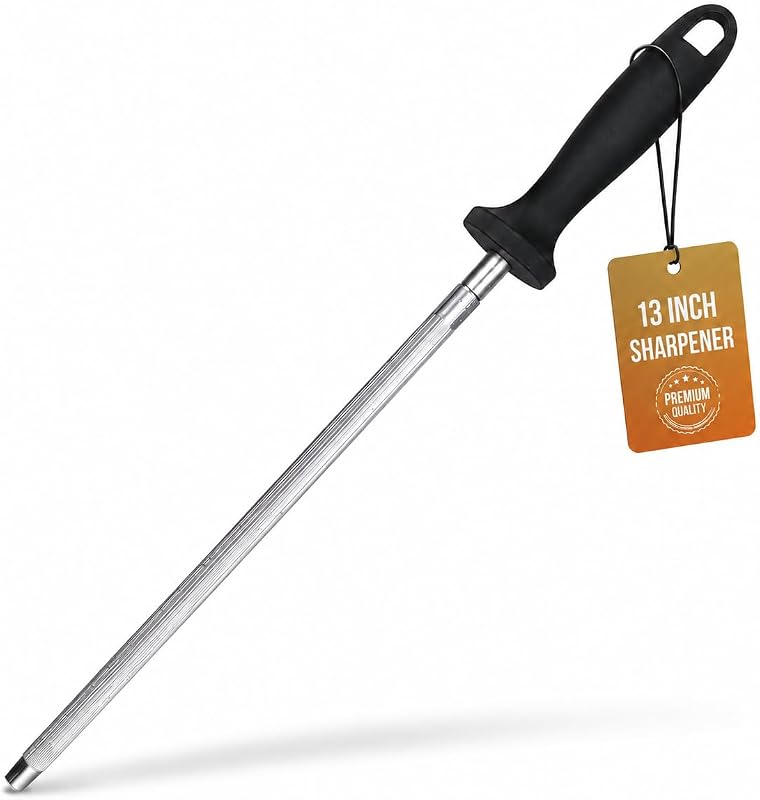 Knife Sharpener Rod, 13 Inch Carbon Steel Honing Steel for Kitchen Knives, Professional Magnetized Sharpening Stick with Nickel-Chrome Plating, Easy Grip Tool for Chef Knives | Honing Steel with Nickel-Chrome Plated Surface, Non-Slip Handle and Hanging Loop