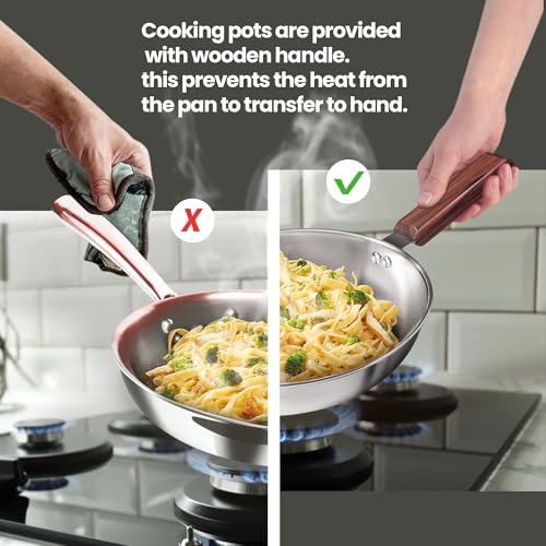 Image of MILTON Pro cook Induction Cookware & Gas Stove Friendly Triply Stainless Steel Fry Pan 20 cm with Glass Lid & Wooden Handle | Heavy Bottom Frying Pan | Healthy Low-Oil Cooking | 3Y Warranty | Silver