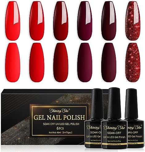 Shining She Gel Nail Polish, 6 Colours Nude Pink Champagne Glitter Gold Pastel Gel Polish Set Soak-Off UV/LED Nail Polish Gel Gift for Nail Art Salon DIY Home, 8ML