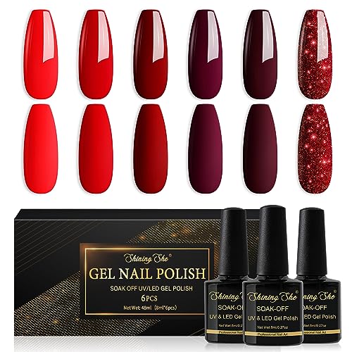 Shining She Esmalte Semipermanente Rojo,6 Colores Rojo Oscuro Glitter Rojo,Exquisito Pintauñas Semipermanentes Soak Off UV LED Esmaltes Semipermanentes Para Uñas Fácil de DIY en Casa,8ML
