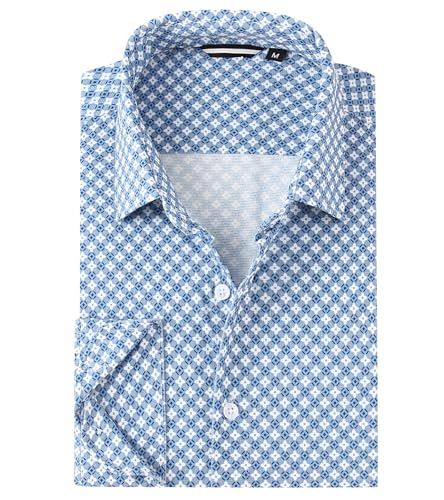 Damipow Mens 8-Way Stretch Dress Shirts Wrinkle Free Button Down Shirts Long Sleeve Knit Jacquard Business Casual Shirt,Blue White Flower,L