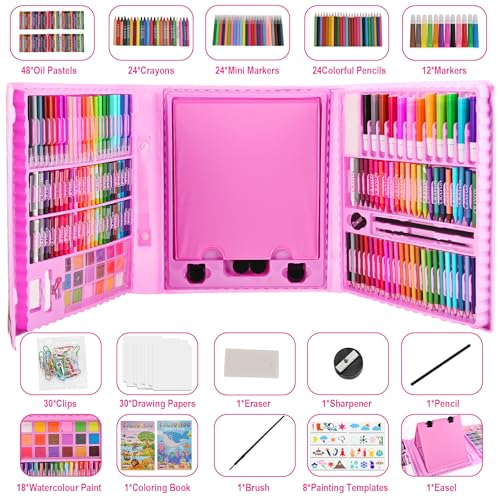 Art Supplies, 230 PCS+ Drawing Art Kit, Kids Art Set with Double Sided Trifold Easel, Colored Pencils, Crayons, Oil Pastels, Watercolor Pens, Coloring Book, Gifts for Girls Boys 4-12, Teens, Beginners - Thumbnail 2