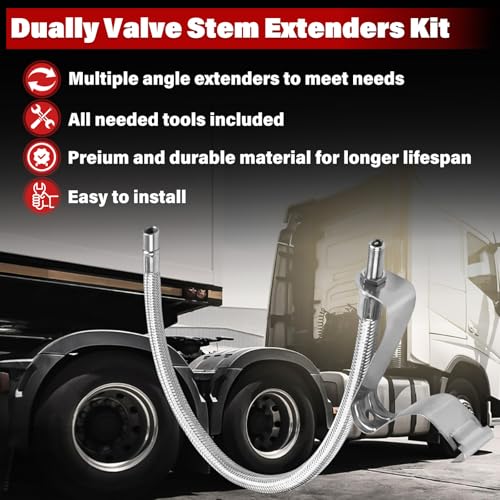 Image of Dually Valve Stem Extenders Kit, Stainless Steel Braided Tire Valve Extension fits 16 inch to 19-1 /2 inch Dual Wheel Valve Stem Extension for Most Cars Motorhome RVs Trailers Trucks, Easy Connecting