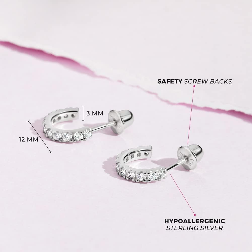 In Season Jewelry CZ Half Hoop Kids Earrings - 925 Sterling Silver Hypoallergenic Earrings for Girls with Secure Screw Backs - Safe & Comfortable for Toddlers, Kids & Little Girls