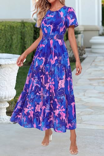 Image of PRETTYGARDEN Women's Casual Smocked Boho Floral A-Line Maxi Dress 2026 | Summer Short Flutter Sleeve Crewneck Tiered Long Sundress,Fall Wedding Guest Dresses,Spring Cute Flowy Beach Vacation Clothes