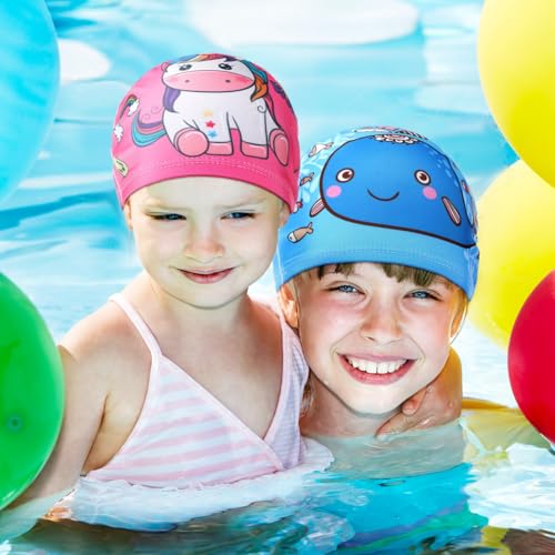 Image of Geyoga 3 Pcs Kids Swim Caps for Boys Girls Age 2-12 Swimming Hat Pool Cap Child Swim Hat for Toddler Youth (Vibrant Style)