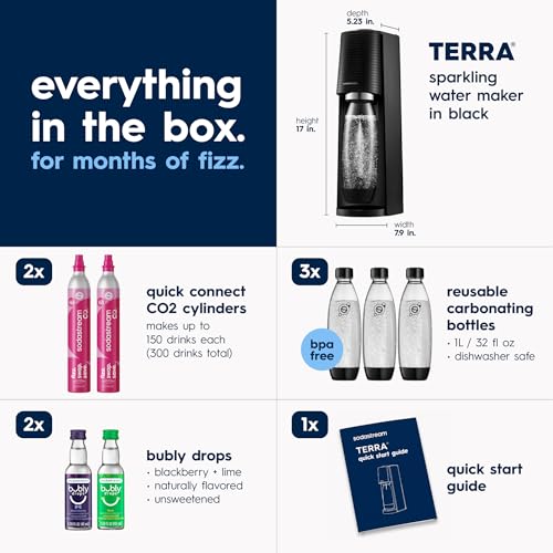 Image of SodaStream TERRA Sparkling Water Maker, Value Bundle, CQC CO2 System, Includes 2 Quick Connect 60L CO2 Cylinders, 3 Dishwasher Safe BPA Free Bottles, 2 bubly Flavor Drops, Make your own Pepsi, Black