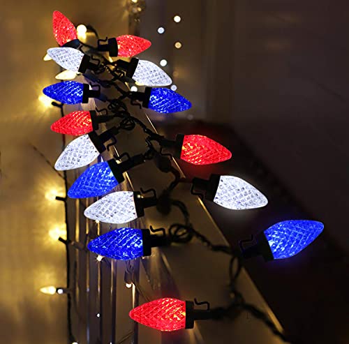 Solar 4Th Of July Lights Outdoor, 50 Led 31Ft C9 Bulb Red White And Blue Lights For 4Th Of July Decorations, Waterproof Outdoor Solar Patriotic Lights For Memorial Day Christmas Garland Balcony Yard #TOP3