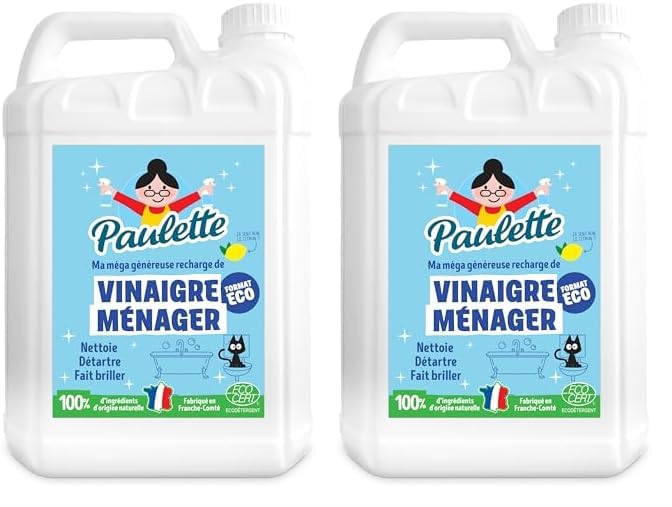 Paulette – Vinagre Ménager Limón – Descalcificador Multi-Surfaces Ecocert – Fabricado en Francia – 5 L (Paquete de 2)