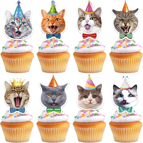 Lot de 24 Décorations de Cupcakes Chat, Décoration Gâteau Anniversaire Chat pour Fête à Thème Cat, Décorations Cupcakes Enfant et Fille, Cake Topper Chaton pour Fête d’Anniversaire ou Baby Shower