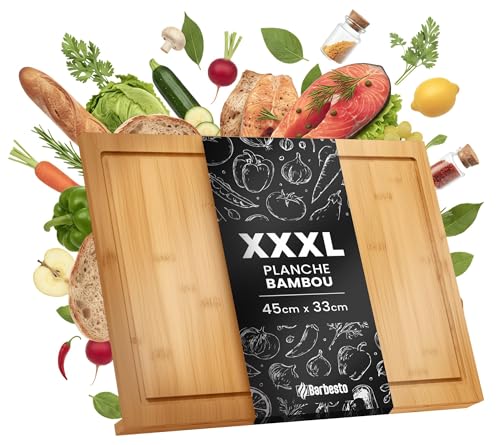 CLP Grande planche à découper en bois XXXL 45 x 33 cm, planche de cuisine en bambou avec bord d'appui et rigole à jus, antibactérienne Taille