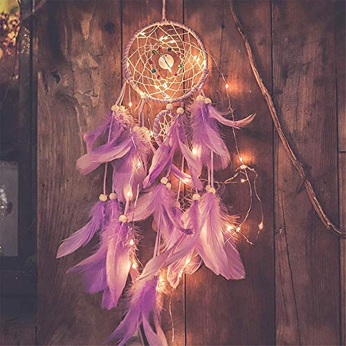 Light Up Dream Catchers for Bedroom Wall Hanging Decorations, LED Dreamcatcher Home Ornaments with 20 LED Lights,Fantasy Gifts for Kids, Caught your Dream (Purple)