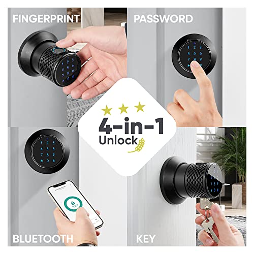 Black Smart Door Knob With Keypad, Keyless Fingerprint Door Lock With Upgrade Gateway, Secure Bluetooth, App Control, Easy Install, Auto Door Lock For Home, Apartment, Hotel, Office #TOP5