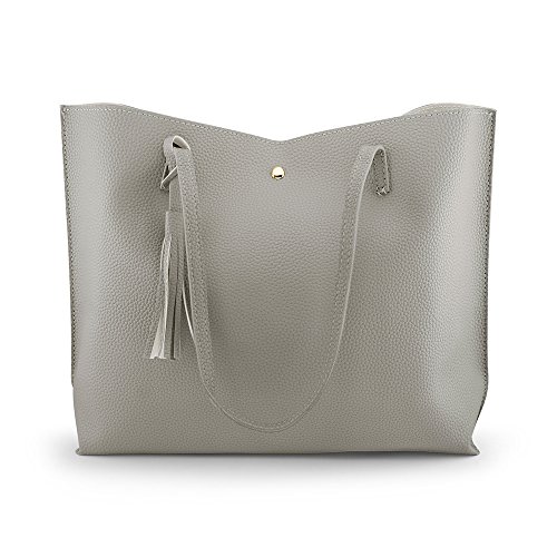 OCT17 Women Tote Bag - Tassels Faux Leather Shoulder Handbags, Fashion Ladies Purses Satchel Messenger Bags - Gray