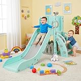 Tobogán Infantil, Tobogán para Niños 4 en 1, Toboganes Independientes, Tobogán Infantil Interior y Exterio, con Tobogán Largo, Escalada, Telescopio de Juego, Almacenamiento, Carga 60 kg, Verde Gris