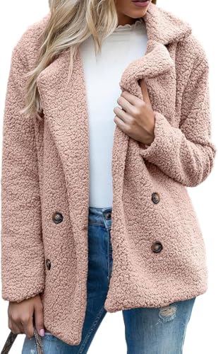 Kenhansion Button Down Fuzzy Jacket Coats for Women Winter Faux Fur Cashmere Overcoat Long Sleeve Fleece Cardigan Sweaters (Pink,4X-Large)