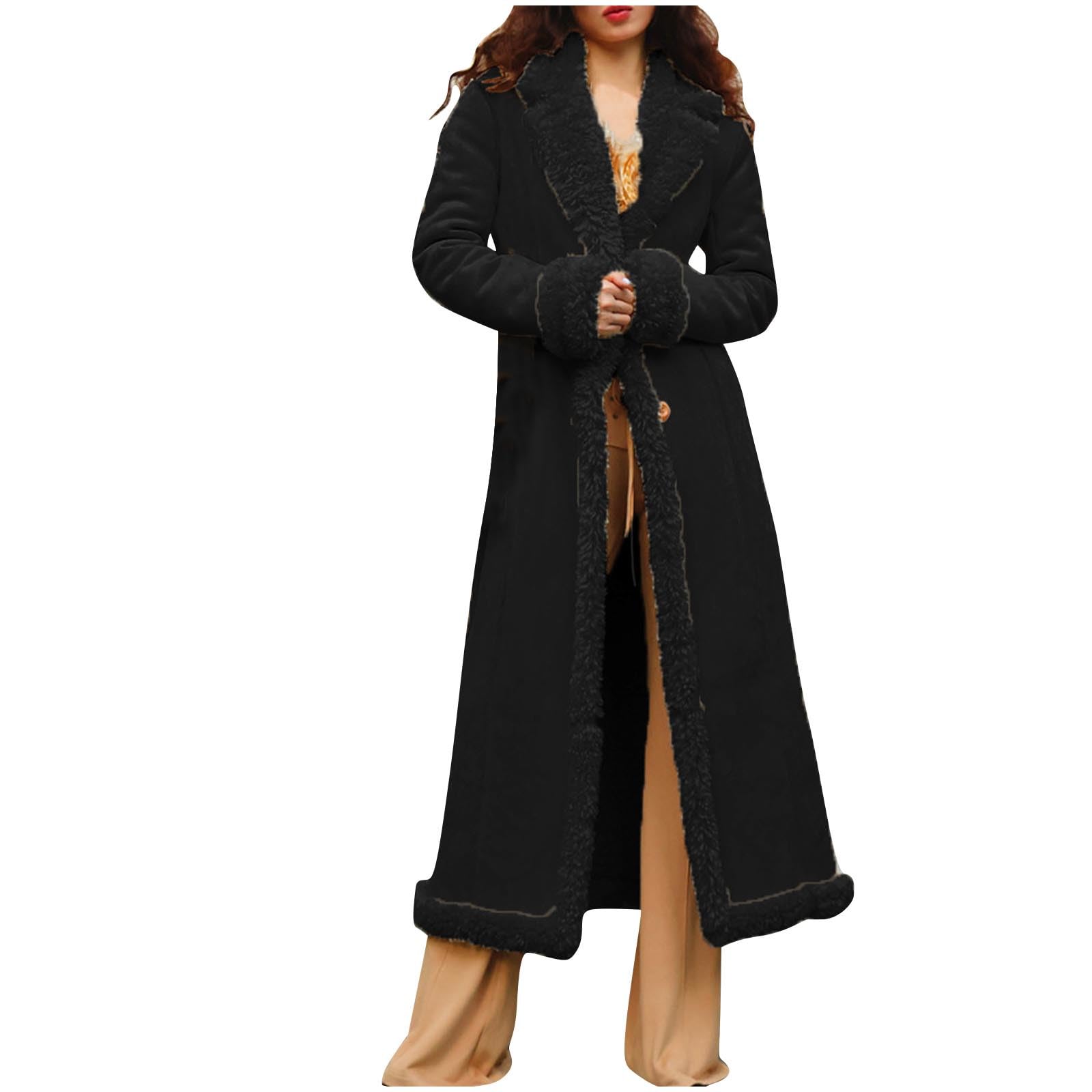 Wintermantel Damen Elegant Bodenlanger Trenchcoat Wollsamt Revers Mantel Warm Gefütterter Fleecemantel Temperament Winterjacke Plüschmantel Thermo Outdoorjacke Plüsch Wollmantel Damenmantel
