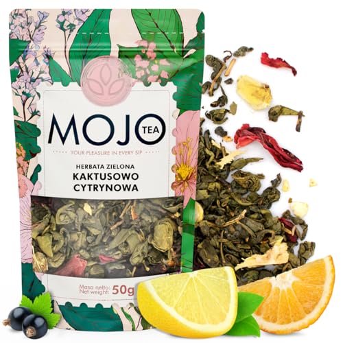 Mojo Tea Grüner Tee Kaktus-Zitrone 50 g - Aromatisierter Gunpowder Grüntee mit Hibiskus Zitronenschale Orangenschale & Kaktusblüten - Fruchtig-erfrischender Premium Tee lose