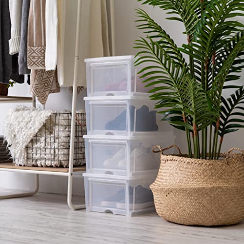 Iris Usa 4 Pack Shoe Storage Box, Clear Plastic Stackable Shoe Organizers For Closet, Space Saving Drop Front Sneaker Containers, Wide #TOP3