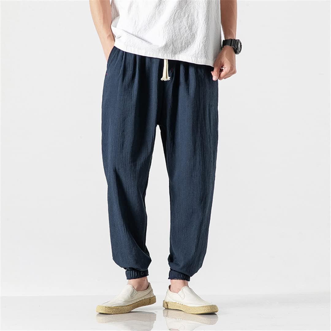 Chinese Style Harem Jogger Pants Men Cotton Linen Sweatpants Casual Lightweight Spring Summer Joggers