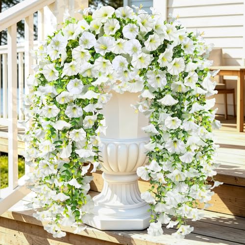 MyCoats Artificial Hanging Flowers for Outdoors, 4Pcs UV Resistant Faux Morning Glory Flowers Spring Summer Decroation, No Fade Fake Flower Trailing Vines for Porch Patio Balcony Yard Garden (White)