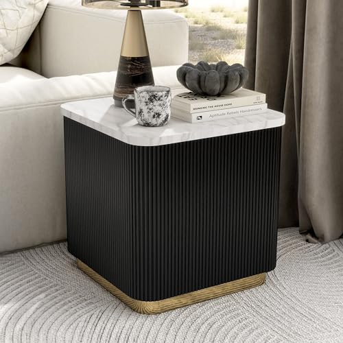 Furniture of America Beryl Modern Square White Genuine Marble Top End Table with Fluted Pedestal Base and Gold Stainless Steel Accent, Low Profile Table for Living Room, Home Office, Black