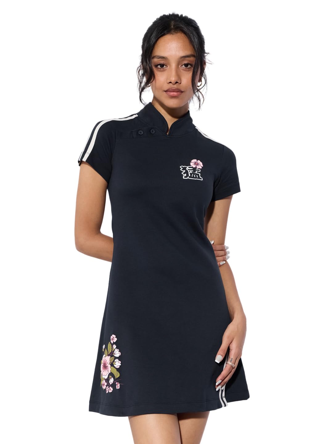 the souled store Sakura Sky Women and Girls Short Sleeves Mandarin Collar Black Graphic Printed Cotton Slim Fit Lightweight Breathable Stylish Everyday Mini Dresses-picture-25