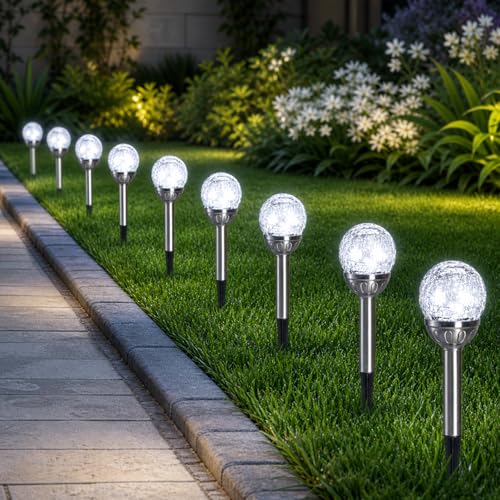 Image of Fabulouz Solar Garden Lights Outdoor, 9/18 Pack Crackle Glass Ball Stake Lights, 8cm White LED Globe, 35cm Garden Solar Lights with Auto On/Off, Rechargeable Batteries Included (9)