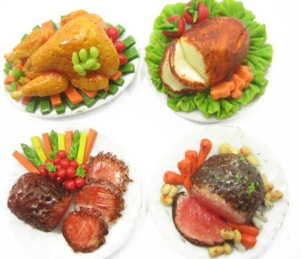 Dolls House Miniatures Set 4 Thanksgiving Food 3.5 cm Steak On Plate 9554