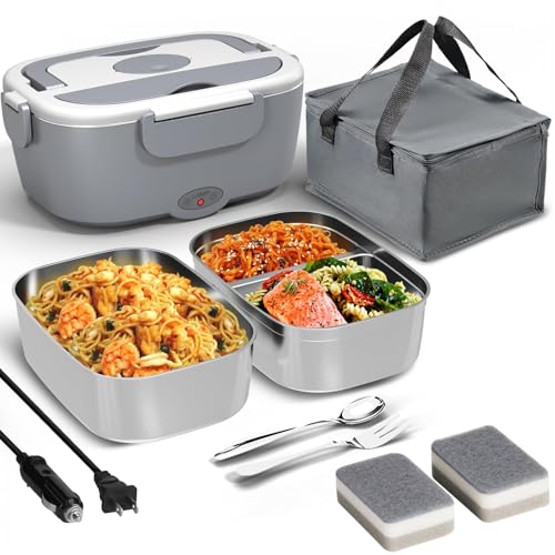 Sitlais Portable Electric Heated Lunch Warmer for Work – Stainless Steel Bento Box Adult, Plug In Food Heater for Car 12V 24V 110V, Self Heating Meal Box for Men and Women
