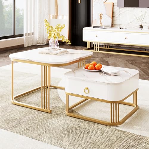 ModernLuxe 2-in-1 MDF Coffee Tables for Living Room, Square Coffee Table with High Gloss Marble Exterior, Gold Accents, Side Table with Drawer, Modern Nest of Tables for Saving Space, White - Image 4