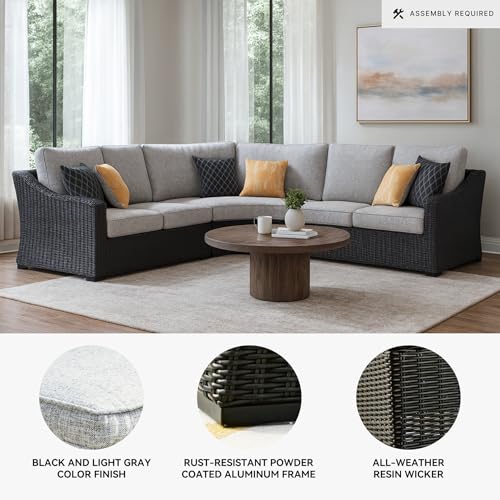 Image of Signature Design by Ashley Beachcroft 3-Piece Outdoor Sectional, L-Shape Wicker Patio Couch, Rust-Free Aluminum Frame and Nuvella Fabric, for Alfresco Living, Black /Light Gray