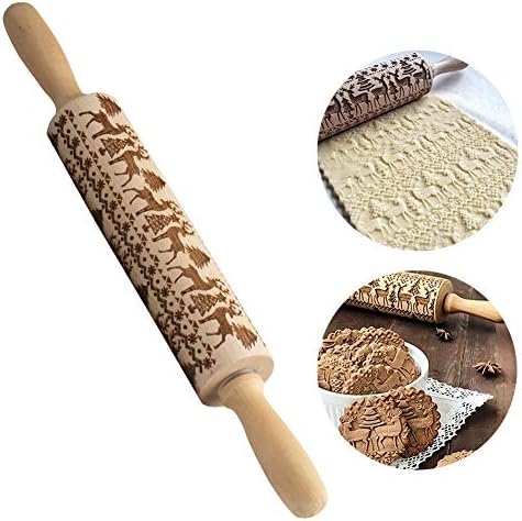 Christmas Embossed Wooden Rolling Pins Engraved Embossing Wood Roller Pin with Christmas Patterns for Baking Cookies 13.7''
