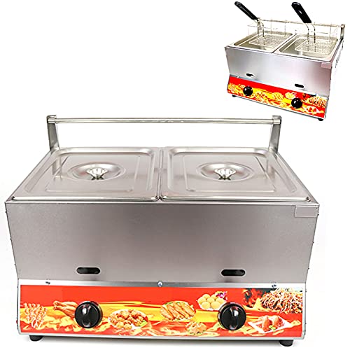 Freidora de gas 22L de gran capacidad con cestas y tapas - Acero inoxidable, potencia de fuego ajustable - Fácil limpieza para uso doméstico y comercial - Alimentado por GLP