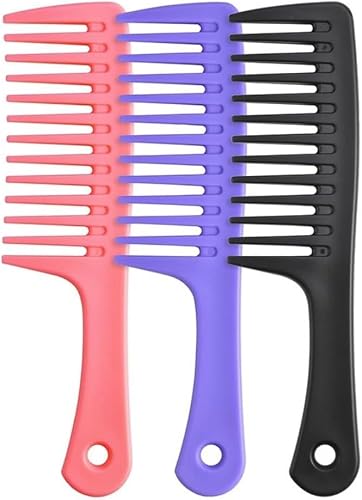 Wide-Tooth Detangling Comb for Curly, Long, Dry or Wet Hair, PP Plastic, 3 Pack, Pink, Purple and Black