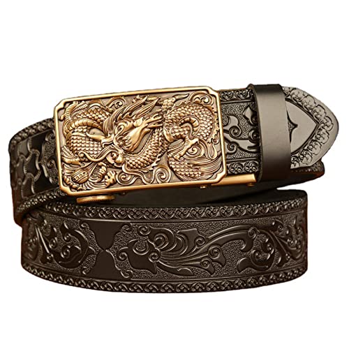 Ceinture à cliquet en cuir noir gaufré automatique homme avec boucle coulissante dorée dragon