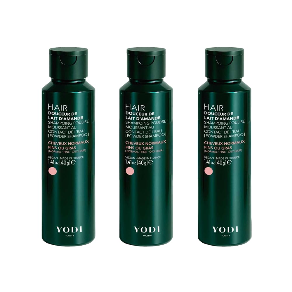 YODI - Shampoing Poudre 100% Ingrédients d'Origine Naturelle - Lot de 3 - Volume & Brillance - Douceur De Lait D'Amande - Cheveux Normaux/Tendance Grasse - 40g ≃ 250 ml de shampoing liquide