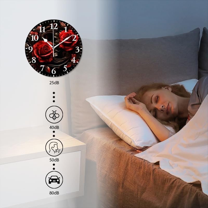 Round Analog Wall Clocks Battery Operated Clcoks Non-Ticking Silent Clock Decorative for Kitchen,Office,Bedroom-Render of Red Roses with Swirls and Leaves On Black Background(12inch)