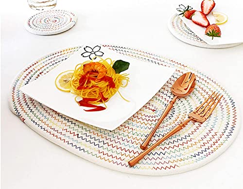 Dajamai Set Of 6 Oval Woven Placemats, 6 Pcs Round Fabric Coasters And 6 Pack Oval Cotton Woven Placemats Set, Cotton Braided Coasters And Place Mats Set For Dining Kitchen Table (Rainbow) #TOP5