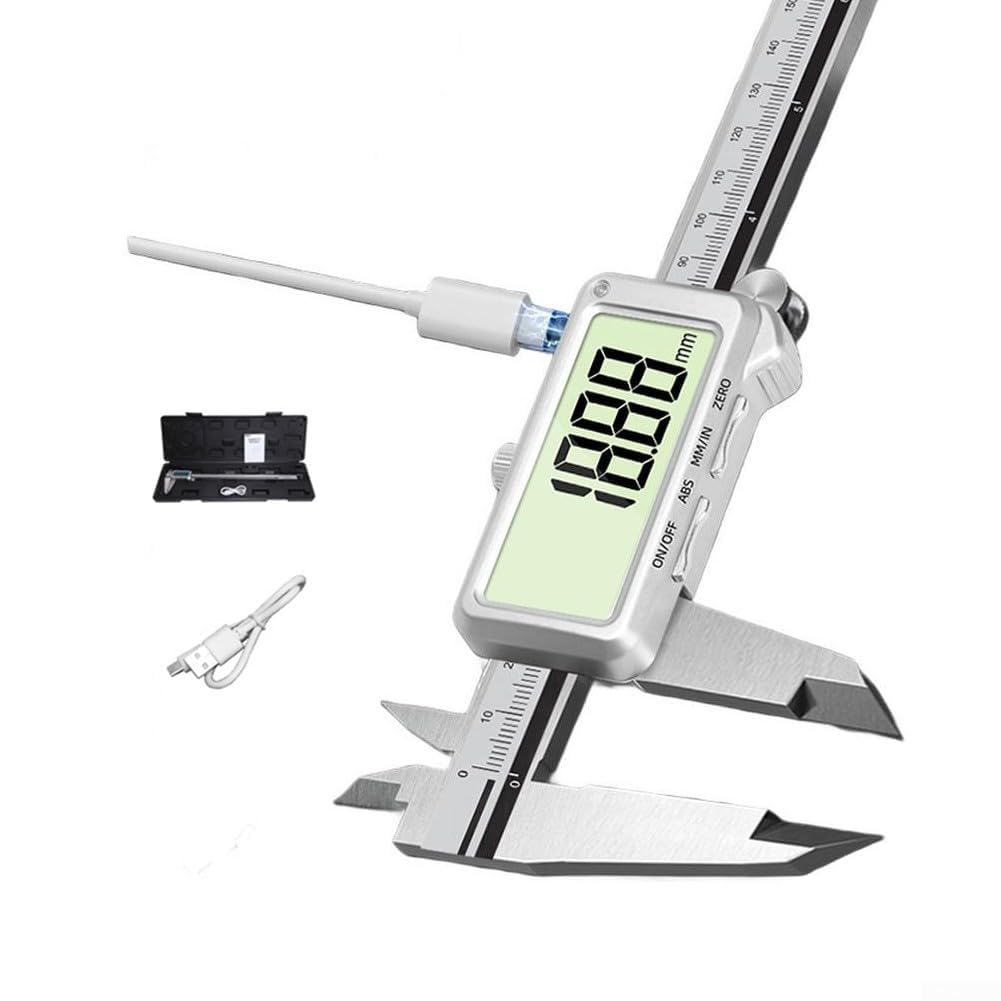 Calibro a corsoio digitale ricaricabile da 150 mm, in acciaio inox, interfaccia USB-C per misurazione di precisione (E)