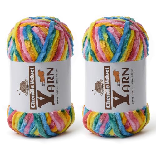 Image of 2 Pack Plush Chenille Chunky Yarn - Fluffy Velvet Yarns Crochet for Blanket Knitting and Crocheting - Soft Baby Yarn for Crocheting - Amigurumi Crochet Yarns 100g (87yds) (2 Neon)
