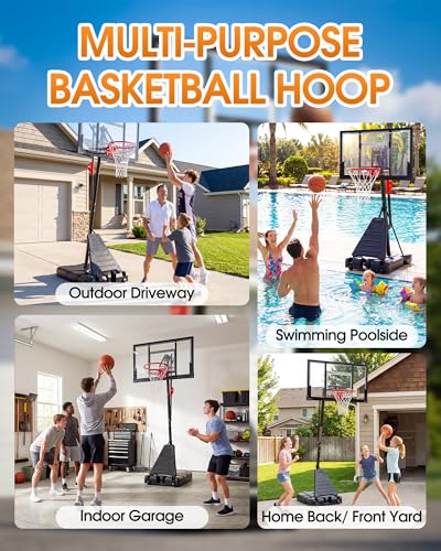 NJNJ Outdoor Basketball Hoop Portable, 4.8-10FT Adjustable Basketball Goal System, 44 Inch Shatterproof Backboard, Heavy Duty Base with Wheels, Driveway Basketball Hoop Home Court Practice Play Black