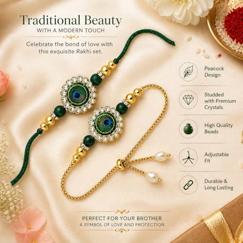 Image of Riddhika Ventures Glorious Gold Plated Kundan and Peacock Bhaiya Bhabhi Rakhi Set with Roli Chawal and Greeting Card
