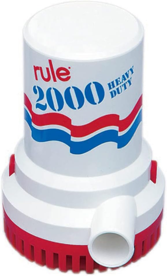 Rule 2000 GPH Bilge Pump 12V - Submersible Marine Boat Accessory with 1-1/8" Discharge, Anti-Airlock, Reliable Ignition Protection, Silent Operation, Easy-Clean Strainer - Rust/Corrosion Resistant