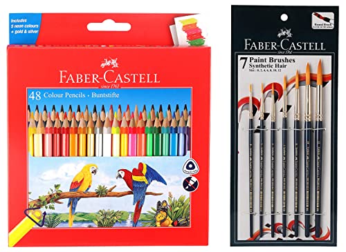 Image of Faber-Castell 48 Triangular Colour Pencils Paint Brush Set - Round, Pack of 7 (Navy Blue)