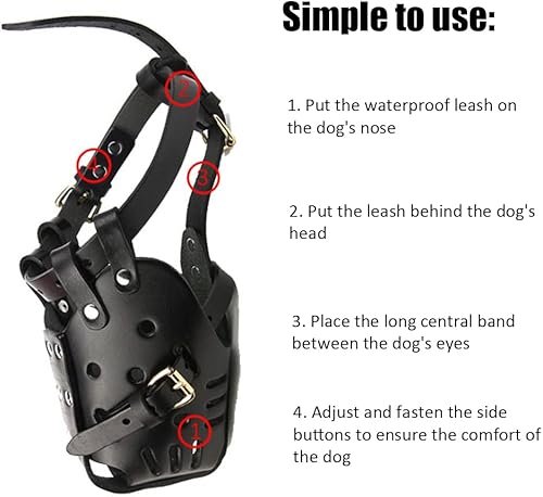 Vista 6 de Bozal para perro, bozal de cuero ajustable para mascotas, bozal de entrenamiento para evitar morder, ladrar y comer, para pastor alemán, dálmata