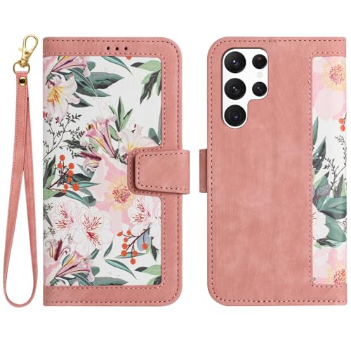 Étui Samsung Galaxy S23 Ultra avec portefeuille cuir fleur rose housse à rabat