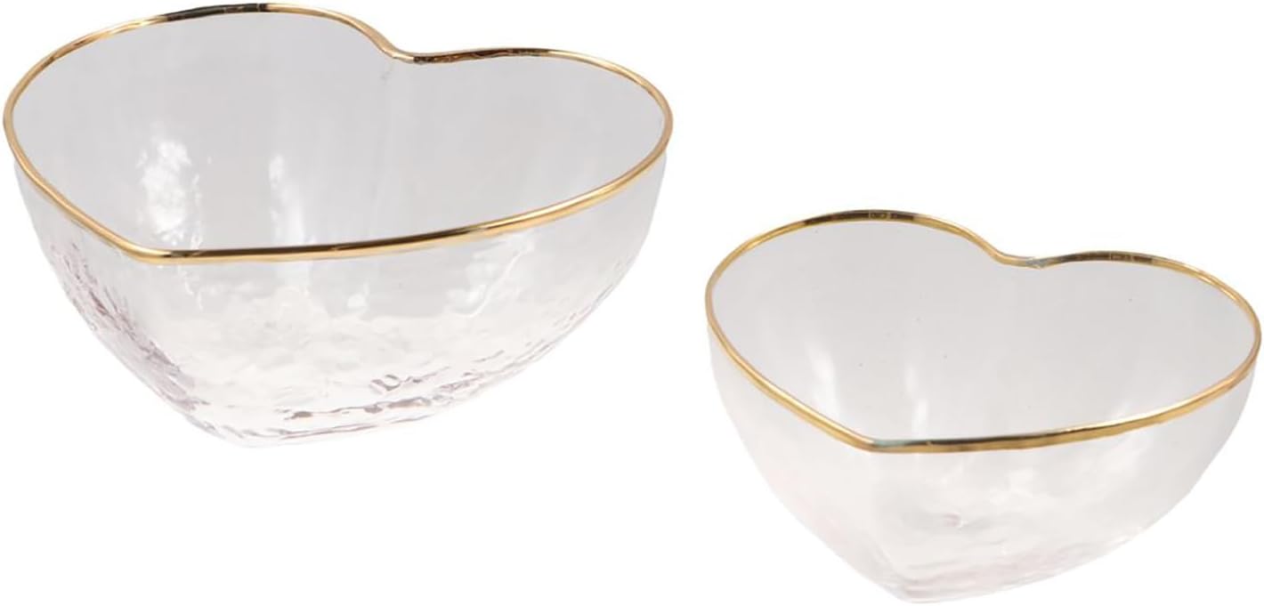 2Pcs Heart Shaped Glass Bowls, Creative Clear Serving Bowls Set with Golden Rim Love Bowl Irregular Bowls for Fruits Salad Dessert Ice Cream Kitchen Tool
