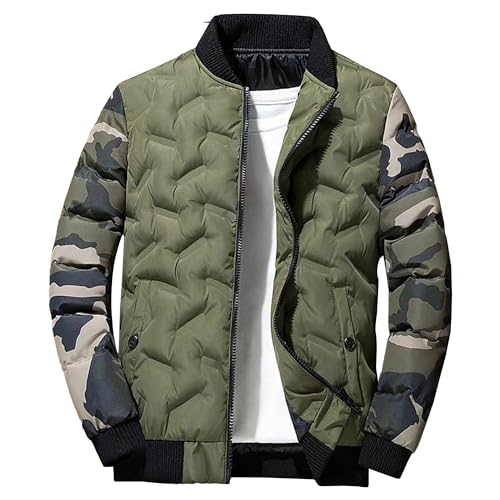 Men's Camo Quilted Bomber Jacket Winter Rib Varsity Baseball Jacket Lightweight Windproof Warm Padded Coats